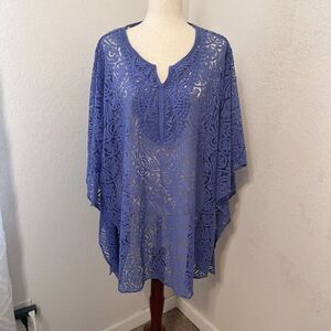 Catherine’s Women’s Poncho Blouse Crochet Blue Size 2x - 3x Coverup Lightweight